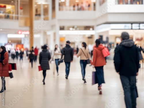 people walking in the city, Abstract blurred photo of many people shopping inside department store or modern shopping mall. Urban lifestyle and black friday shopping concept