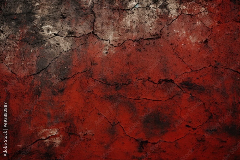 A close-up photograph of a red wall with visible cracks and weathered textures. This image can be used to depict decay, urban decay, aged surfaces, or as a background for design projects