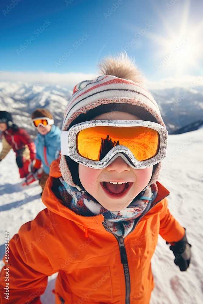 A young child wearing ski goggles on a snowy slope. Perfect for winter sports and outdoor activities