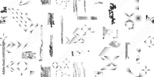 Glitch distorted grungy abstract forms . Halftone dots seamless pattern texture. Grange shapes .Grunge textured . Vector shapes with half tone dots .Screen print endless pattern texture