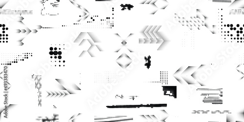 Glitch distorted grungy abstract forms . Halftone dots seamless pattern texture. Grange shapes .Grunge textured . Vector shapes with half tone dots .Screen print endless pattern texture