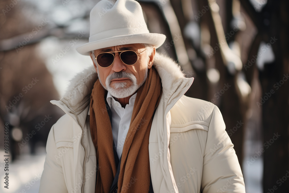 Men's senior fashion, seasonal clothing. Successful serious middle-aged man wearing a white jacket and hat on the street on a winter day, lifestyle Men's senior fashion, seasonal clothing. Successful serious middle-aged man wearing a white jacket and hat on the street on a winter day, lifestyle