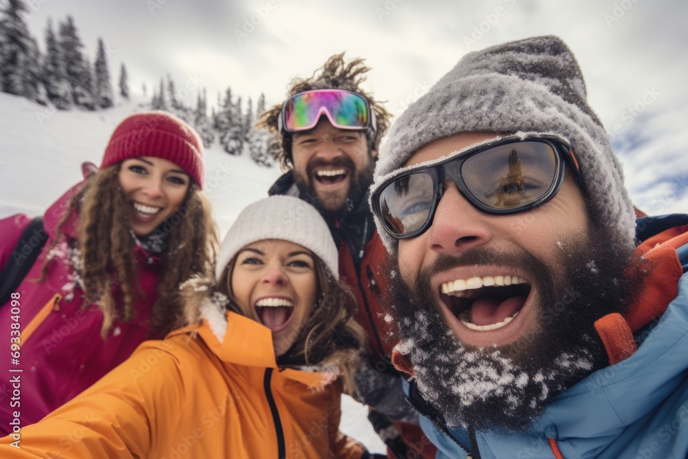 A group of people capturing a moment with a selfie in the snowy outdoors. Suitable for social media, winter activities, and friendship themes A group of people capturing a moment with a selfie in the snowy outdoors. Suitable for social media, winter activities, and friendship themes