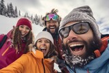 A group of people capturing a moment with a selfie in the snowy outdoors. Suitable for social media, winter activities, and friendship themes