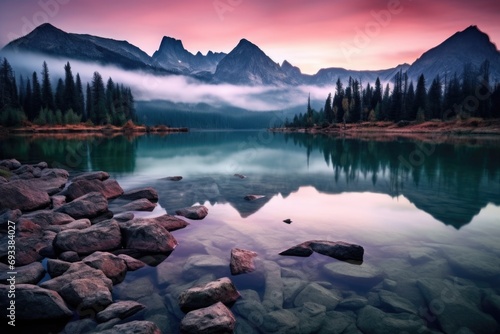 A peaceful mountain lake with scattered rocks in the foreground. Ideal for nature and landscape photography, travel brochures, and relaxation-themed designs