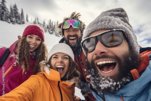 A group of people capturing a moment with a selfie in the snowy outdoors. Suitable for social media, winter activities, and friendship themes