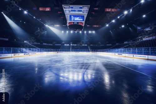 An empty hockey rink with lights shining on the ice. Perfect for sports-related projects or articles