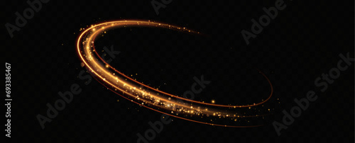 Golden glowing swirl. The effect of moving at the speed of light. Easy trail. Shiny wavy path. Vector.Neon light.