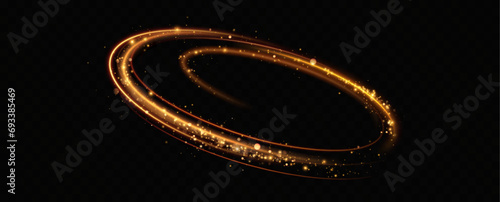  Gold neon ring.Glowing circle.Glow effect.Round light frame. abstract light lines of movement and speed.