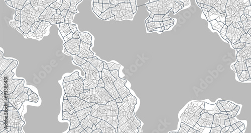 Gray city area, background map, streets. Skyline urban panorama. Cartography illustration. Abstract transportation background, street map. Widescreen proportion, digital design street map. Vector