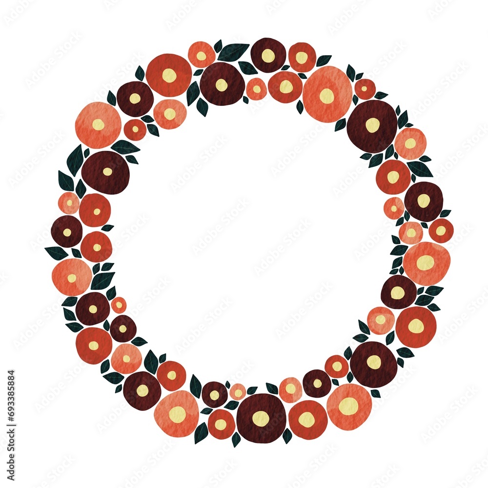 Obraz premium Abstract peony or camellia flower with leaves wreath illustration for decoration on Japanese new year and spring seaonal.