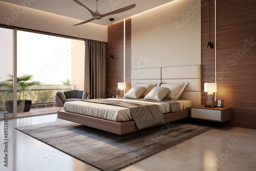 Modern interior of a bedroom with a large bed in light pastel colors in daylight © Юлия Падина