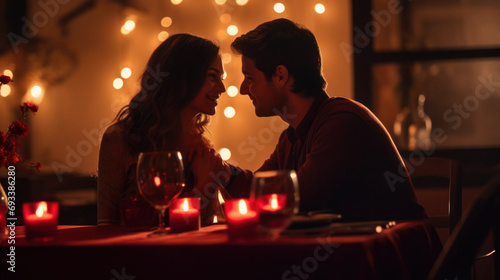 Romantic couple enjoying candlelit dinner at restaurant. Intimacy and celebration. photo