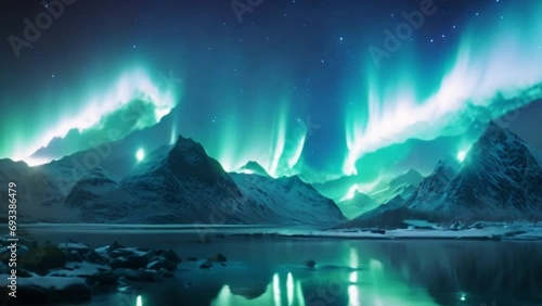Aurora borealis (Northern lights) over mountain with one person photo