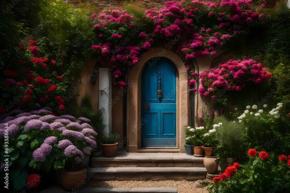 door and flowers in garden