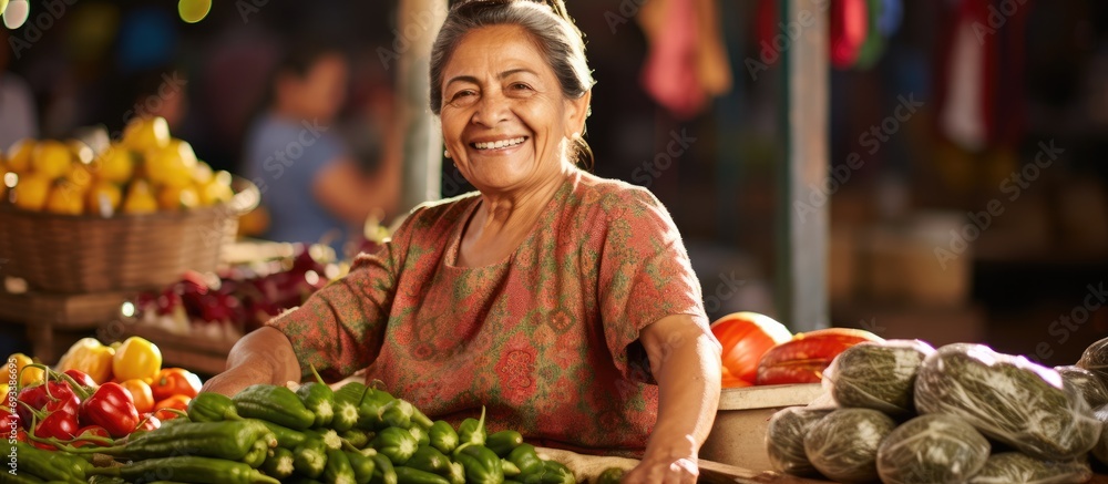 Cheerful woman of Mexican descent selling at a local market - obrazy, fototapety, plakaty 