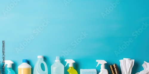 Cleaning set for different surfaces in kitchen, bathroom and other rooms. Empty place for text or logo on blue background. Cleaning service concept. photo