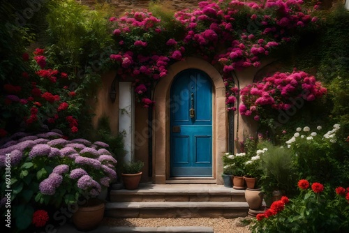 door and flowers in garden