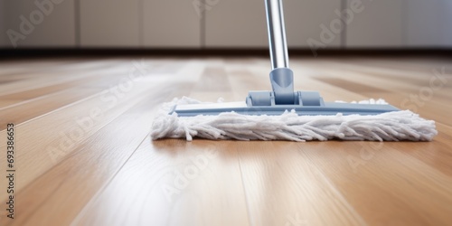 Floor cleaning mob on parquet floor, close up, copy space copy space 