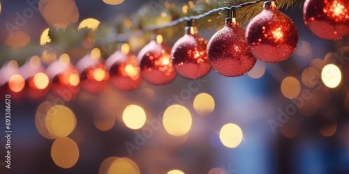A picture of a bunch of red ornaments hanging from a tree. This image can be used for various festive occasions and holiday decorations