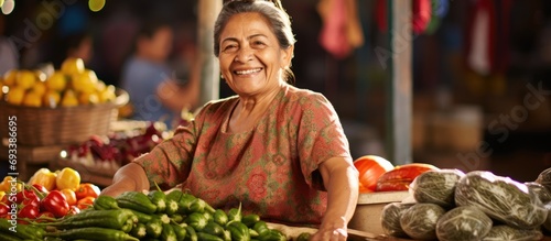 Cheerful woman of Mexican descent selling at a local market photo