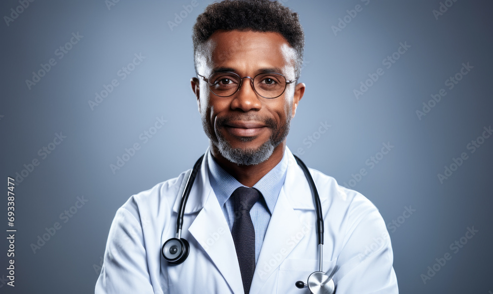 Confident African-American male doctor with stethoscope standing arms crossed, professional medical expert in lab coat with friendly smile on grey background Confident African-American male doctor with stethoscope standing arms crossed, professional medical expert in lab coat with friendly smile on grey background