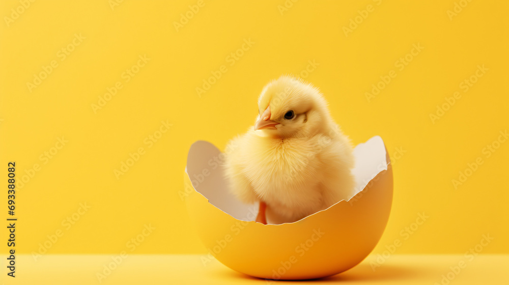 Small yellow chicken in a shell on a yellow background