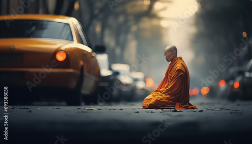 Asian man meditating near cars on street