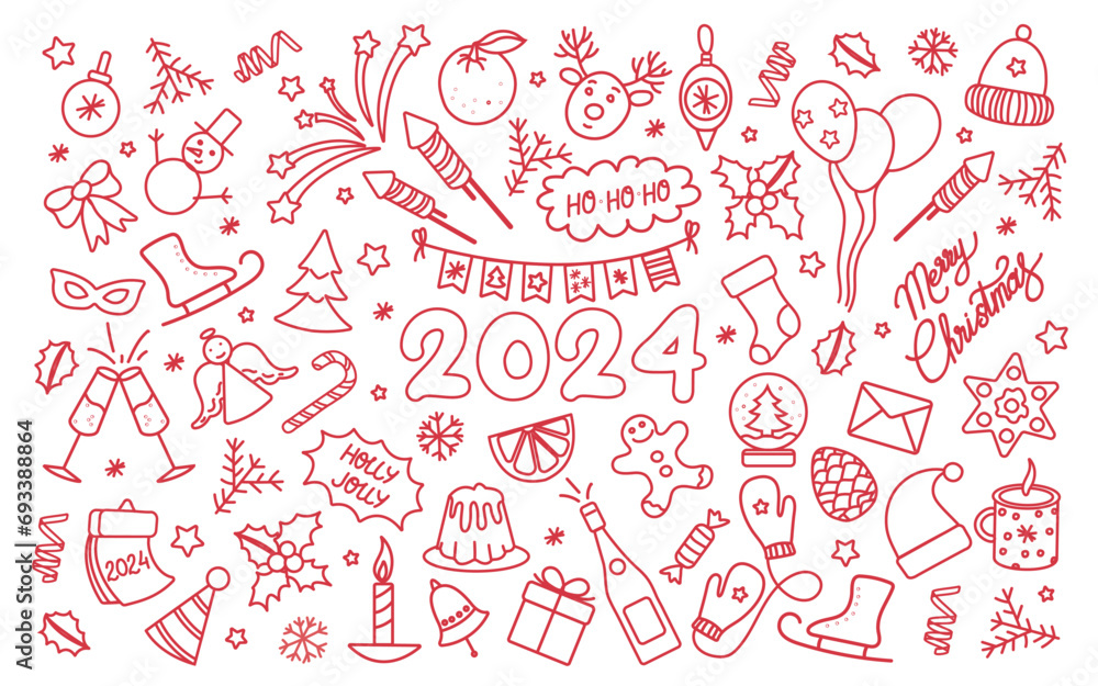 New year doodle vector set. Happy Winter Holiday Doodle Greeting Card with handwritten Lettering 2024. Christmas party related objects and elements fireworks,  party, etc. 