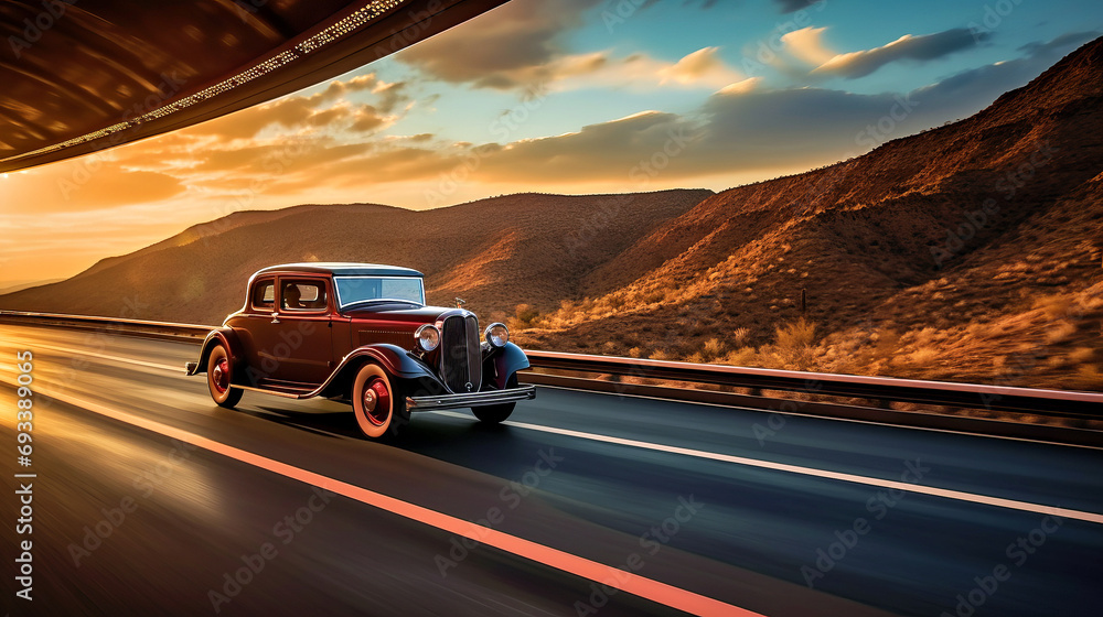 Old Car Cruising Along a Scenic Highway