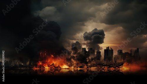 The city at night is engulfed in flames and fire and smoke are burning