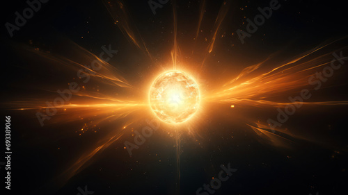Futuristic sun with lens flare in space. 3D rendering