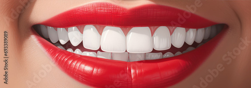 Teeth whitening. Close-up of beautiful female mouth with white teeth.
