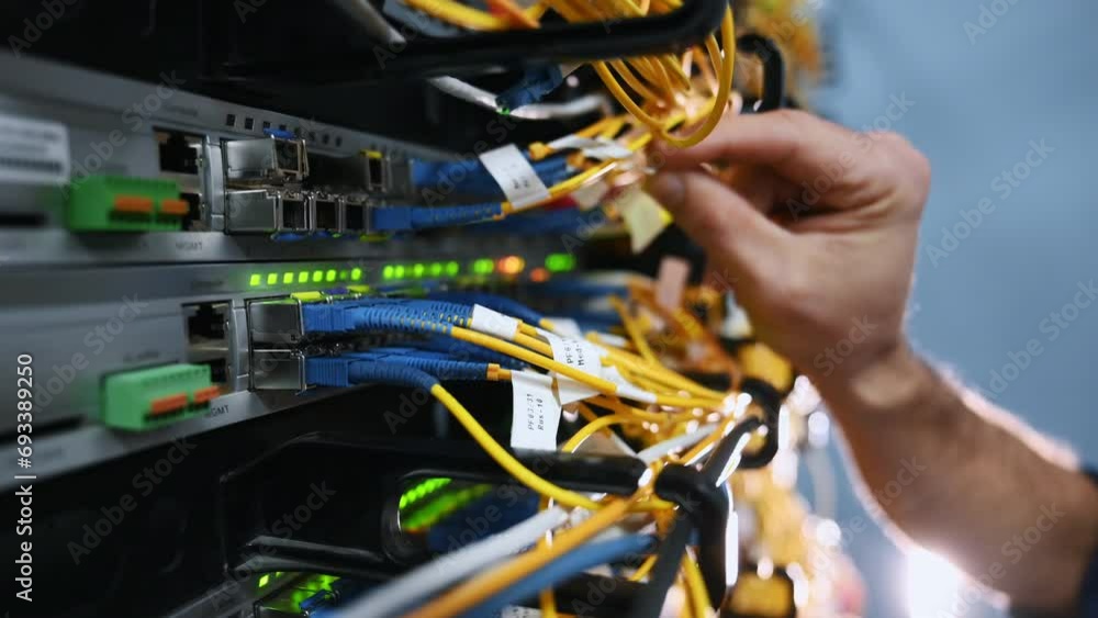 Close up view of hand that fixing internet. Young man is working with equipment and wires in server room Close up view of hand that fixing internet. Young man is working with equipment and wires in server room