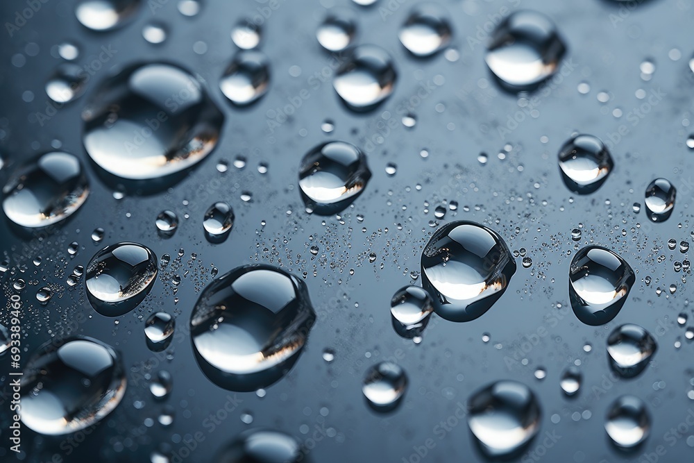 High detail shot of water droplets on a metallic surface