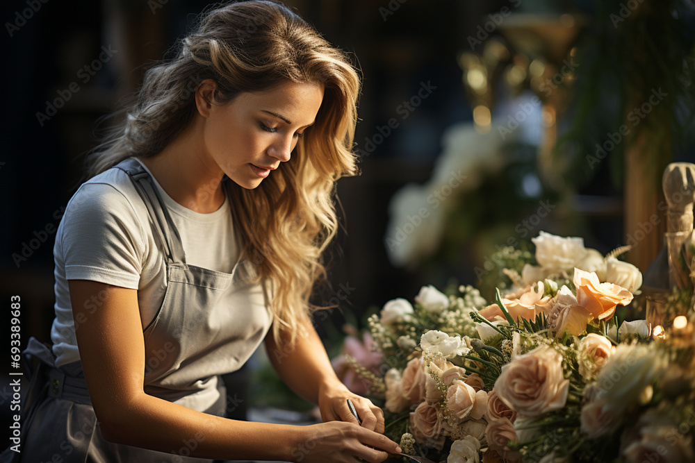 florist making a bouquet of flowers in monochromatic tones, highlighting the elegance of the florist's work in a cinematic style - obrazy, fototapety, plakaty 