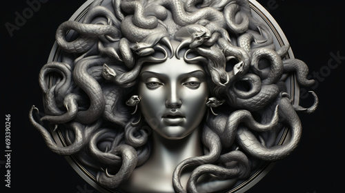 Antique Silver Medusa Bas Relief 3d illustration