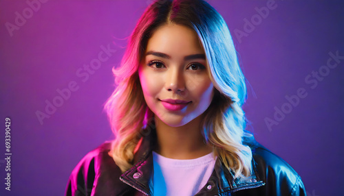 brunette girl with blonde hair with neon lights copy space
