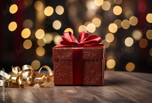 Gift box on wooden table with lights bokeh background.