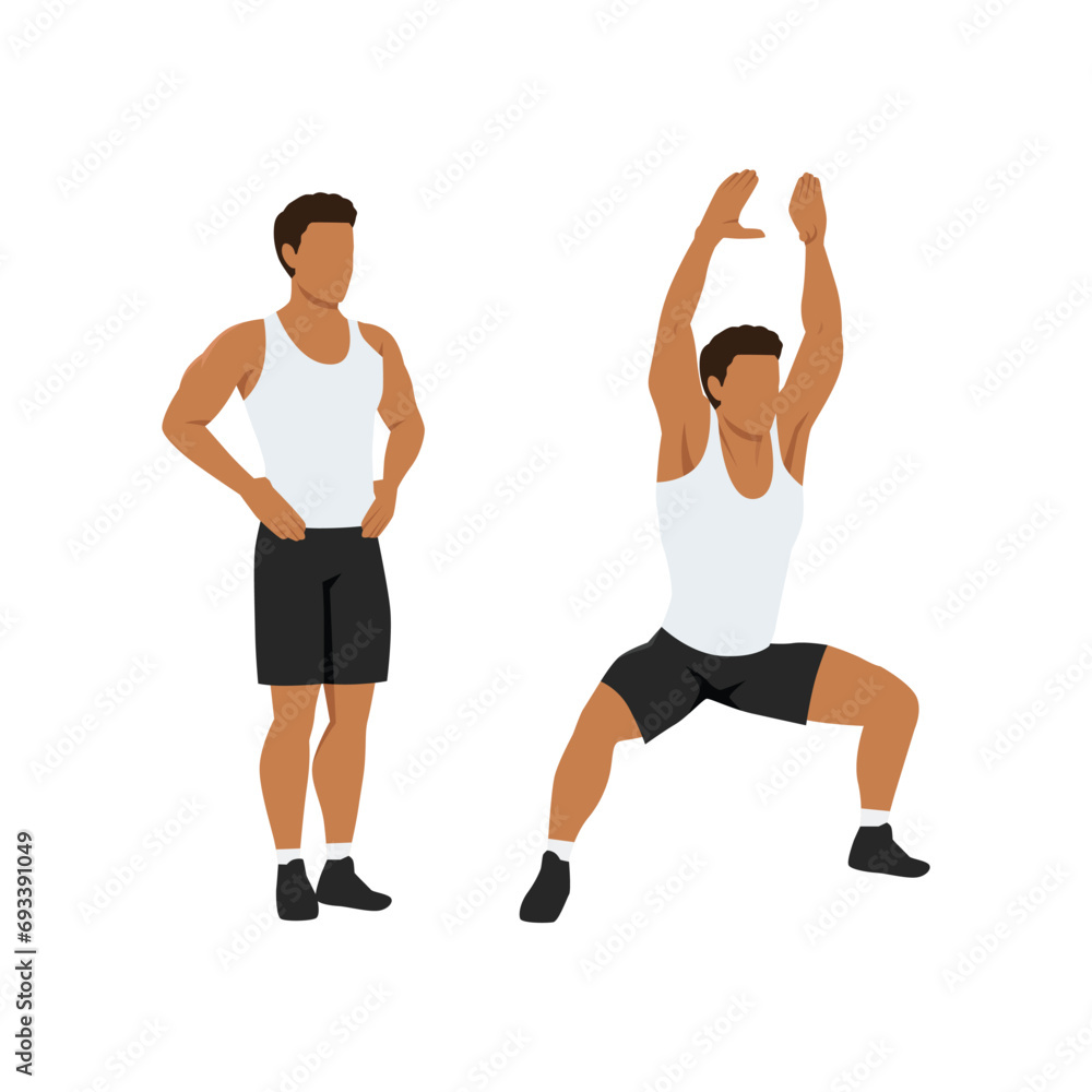 Man doing Jumping plyo jacks. star jumps exercise. Flat vector illustration isolated on white background Man doing Jumping plyo jacks. star jumps exercise. Flat vector illustration isolated on white background