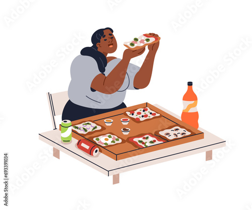 Gluttony and overeating concept. Hungry chunky woman eating lot of fat fast junk food, pizza, soda drink. Unhealthy high-calorie diet. Flat graphic vector illustration isolated on white background
