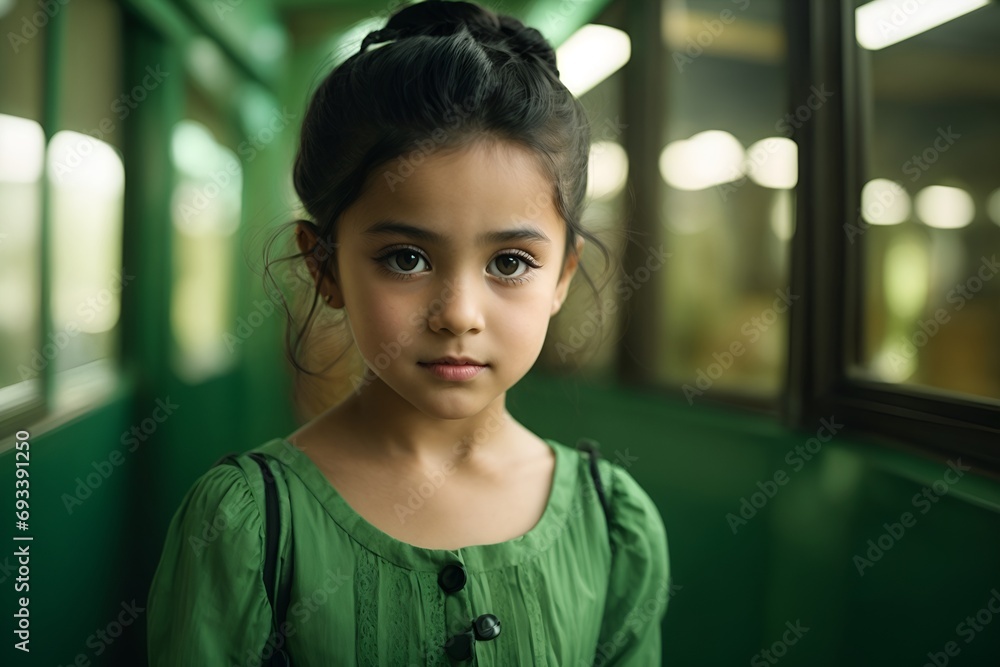 a beautiful little cute girl, with black hair tied up in a bun