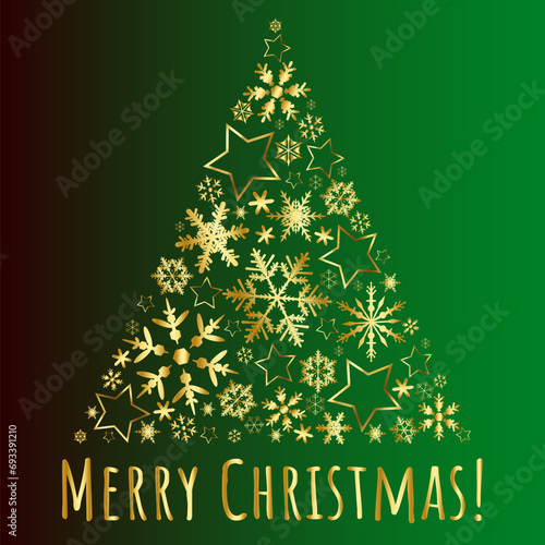 Merry Christmas.Winter banner. Abstract Christmas tree, snowflakes and stars in gold . Vector design for wallpaper, flyers, invitations, posters, card