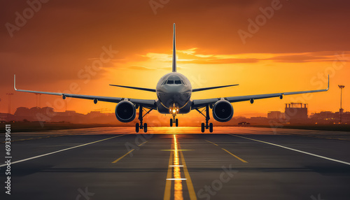 The plane prepares to take off at sunset