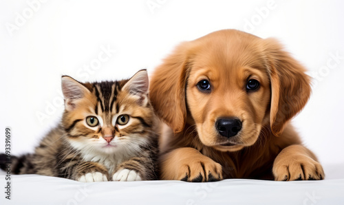 Adorable golden retriever puppy and brown tabby kitten lying together, looking at the camera on a white background