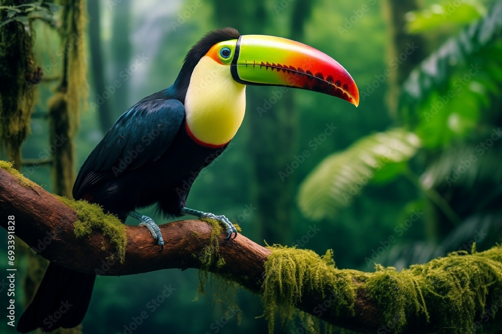 Obraz premium Multicolored toucan bird sitting on tree branch in tropical rainforest with blurred green background