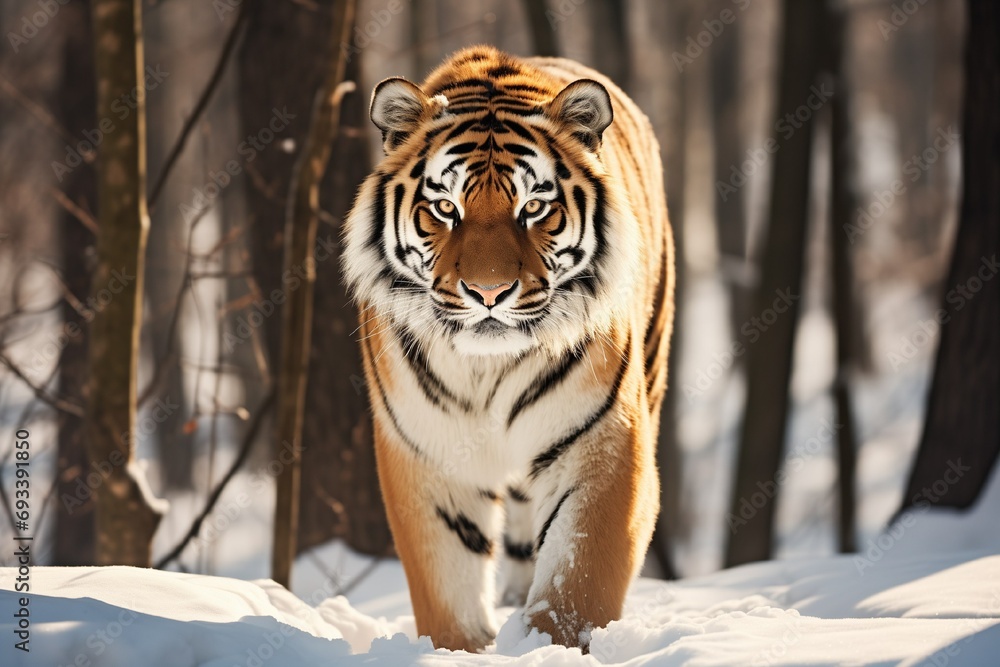 Obraz premium Big Amur tiger stands in winter forest with bare trees with snow on background