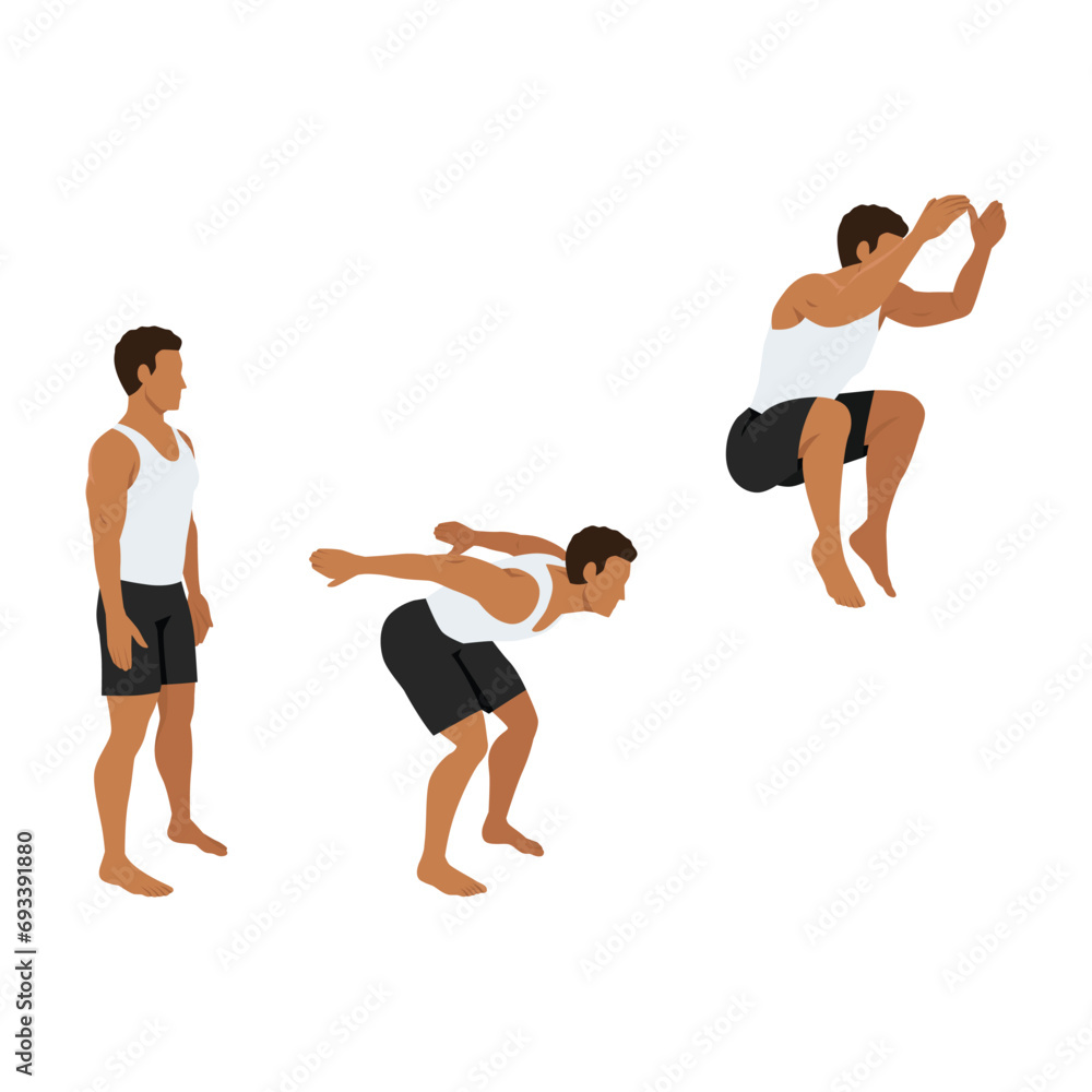 Man doing tuck jump cardio exercise. Flat vector illustration isolated on white background Man doing tuck jump cardio exercise. Flat vector illustration isolated on white background