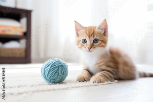 Little curious kitten with wool ball in light interior room