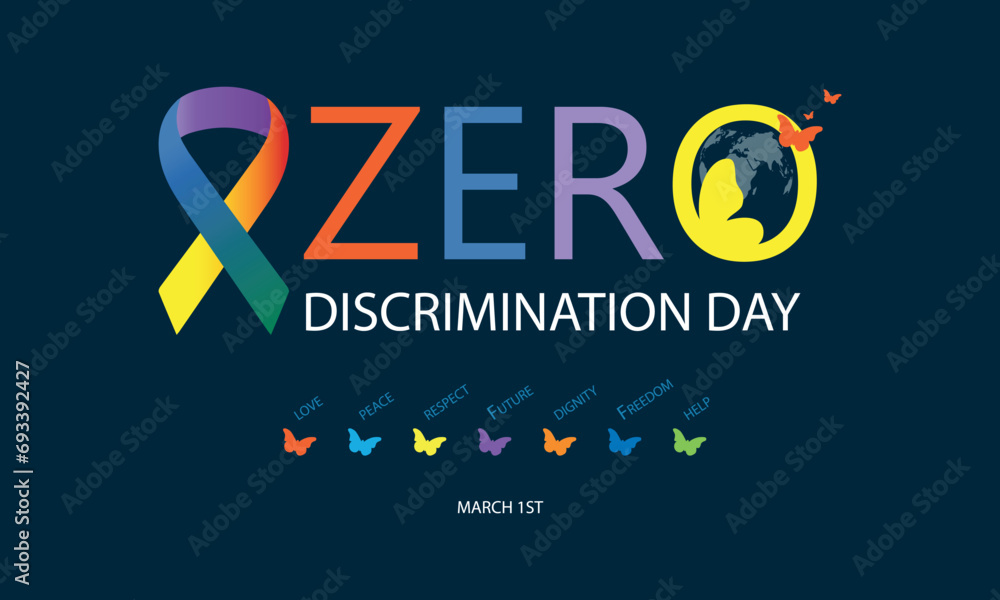 Zero Discrimination Day. Text with butterflies Basic words of respect for people. March 1st - obrazy, fototapety, plakaty 